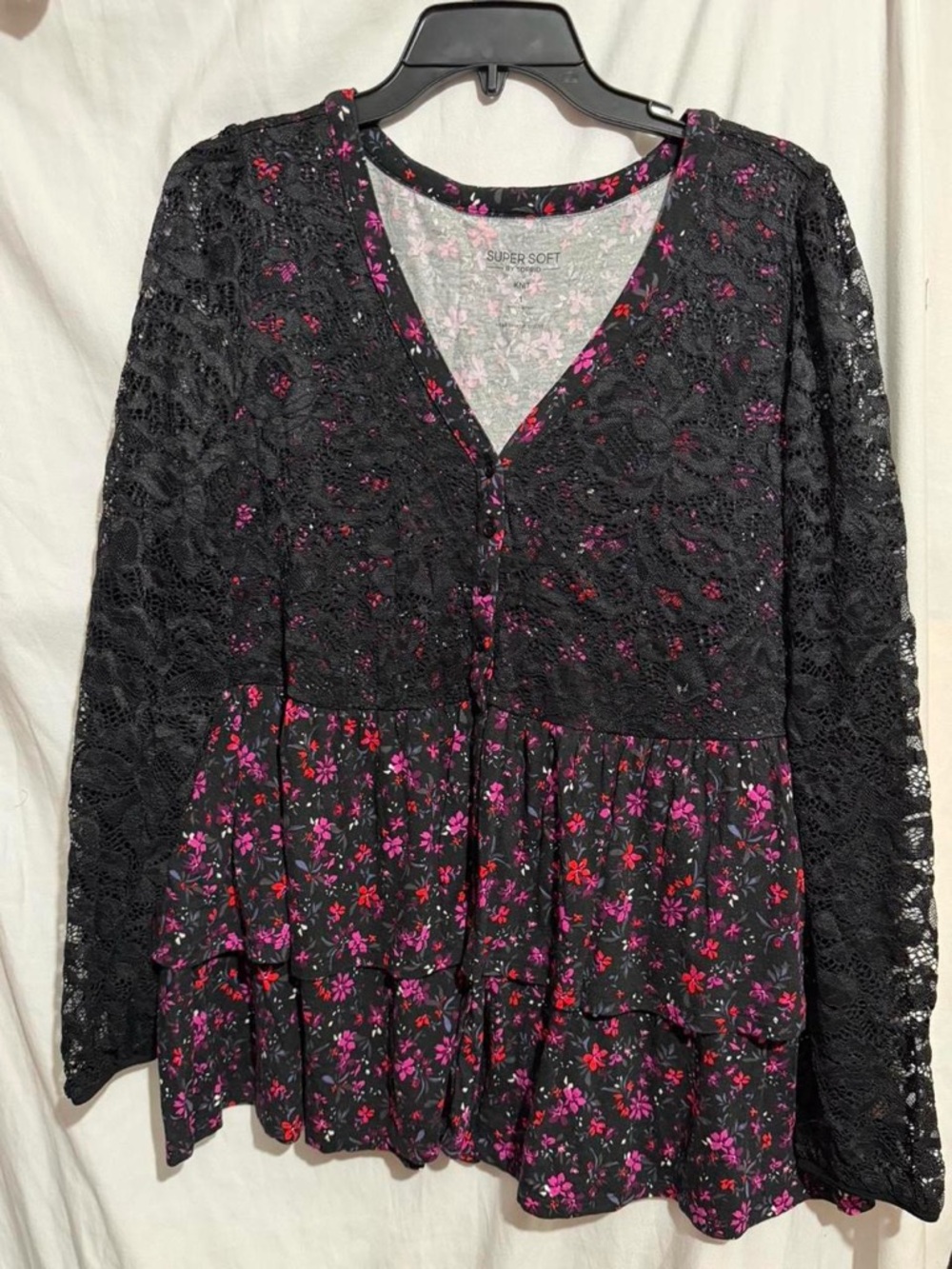 torrid Black Lace Floral Tiered Peplum Tunic - Pink & Red Flowers